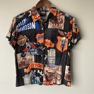 Harley-Davidson Women’s Medium Black Vintage Graphic Short Sleeve Button Up Top